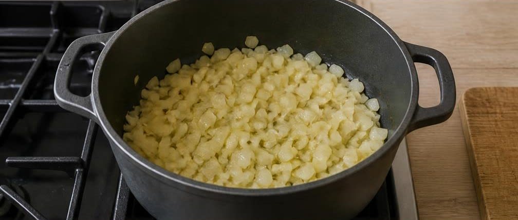Jollof-Reis mit Gemüse – Zubereitung Schritt für Schritt – Zwiebeln andünsten