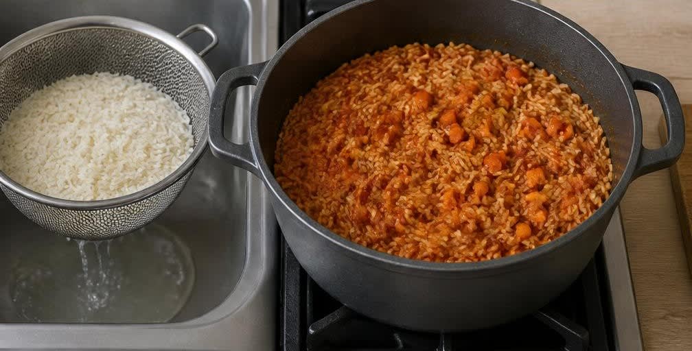 Jollof-Reis mit Gemüse – Zubereitung Schritt für Schritt – Reis und Karotten einrühren