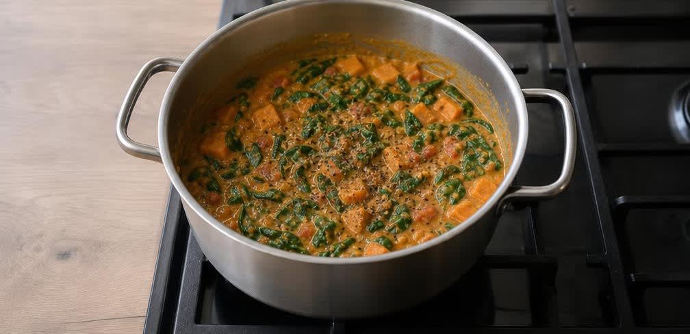 Westafrikanischer Erdnuss-Eintopf mit Süßkartoffeln – Zubereitung Schritt für Schritt – Spinat und Gewürze hinzufügen