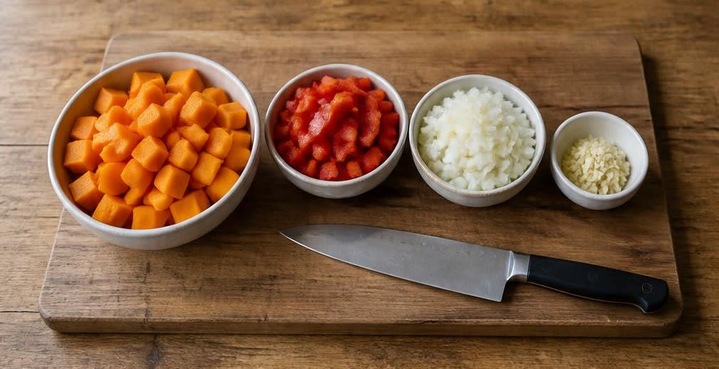 Cremiges Kürbis-Chili mit Kidneybohnen – Zubereitung Schritt für Schritt – Gemüse vorbereiten
