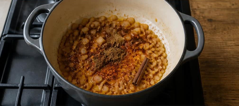Cremiges Kürbis-Chili mit Kidneybohnen – Zubereitung Schritt für Schritt – Gewürze anrösten