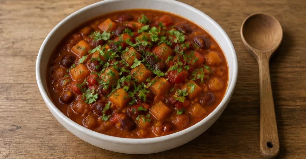 Cremiges Kürbis-Chili mit Kidneybohnen – Zubereitung Schritt für Schritt – Chili anrichten
