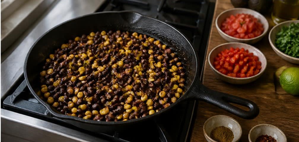 Lateinamerikanische Quinoa-Bowl mit schwarzen Bohnen und Avocado – Zubereitung Schritt für Schritt – Bohnen-Mais anrösten