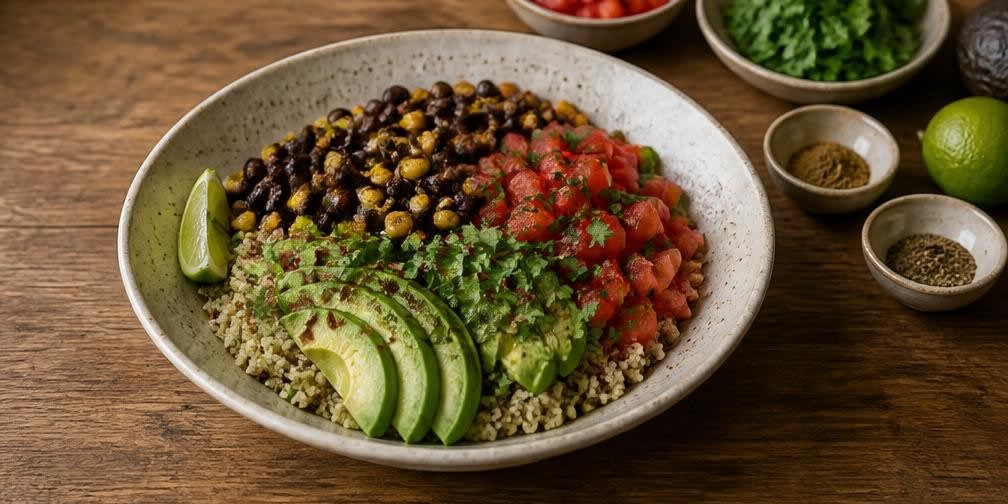 Lateinamerikanische Quinoa-Bowl mit schwarzen Bohnen und Avocado – Zubereitung Schritt für Schritt – Anrichten