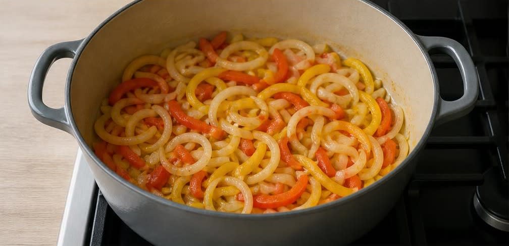 Brasilianische Moqueca mit Kabeljau und Kokosmilch – Zubereitung Schritt für Schritt – Gemüse anschwitzen