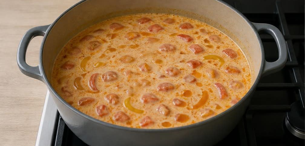 Brasilianische Moqueca mit Kabeljau und Kokosmilch – Zubereitung Schritt für Schritt – Kokosmilch angießen