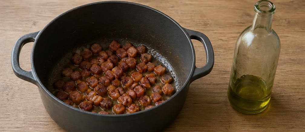 Brasilianische Feijoada mit Orangen-Frische – Zubereitung Schritt für Schritt – Speck anbraten