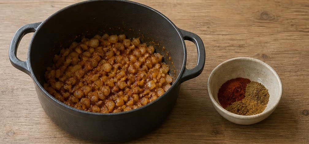 Brasilianische Feijoada mit Orangen-Frische – Zubereitung Schritt für Schritt – Zwiebeln und Gewürze anrösten