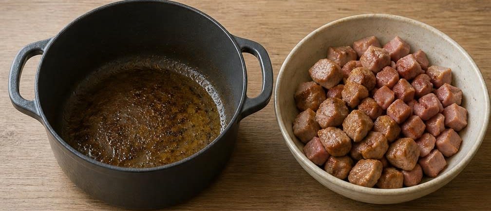 Brasilianische Feijoada mit Orangen-Frische – Zubereitung Schritt für Schritt – Fleisch anbraten
