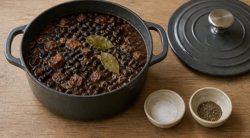 Brasilianische Feijoada mit Orangen-Frische – Zubereitung Schritt für Schritt – Eintopf ansetzen und köcheln