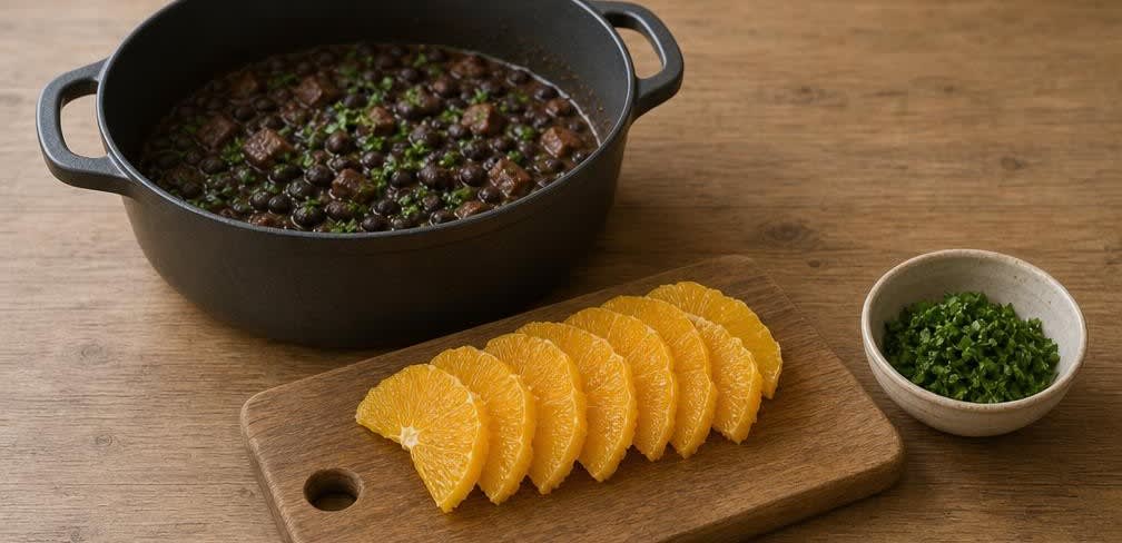 Brasilianische Feijoada mit Orangen-Frische – Zubereitung Schritt für Schritt – Orange schneiden und Petersilie einrühren