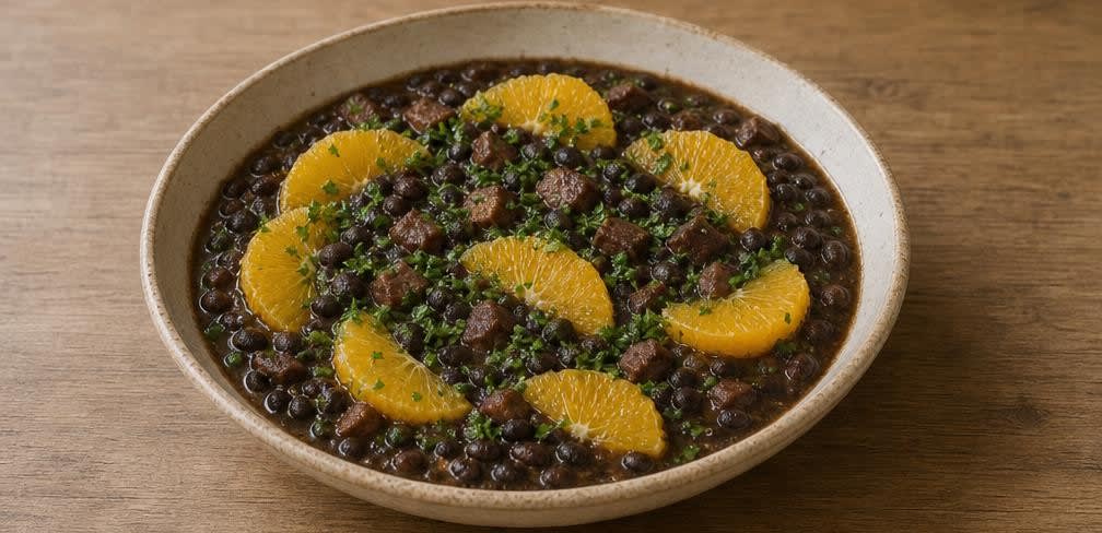 Brasilianische Feijoada mit Orangen-Frische – Zubereitung Schritt für Schritt – Anrichten