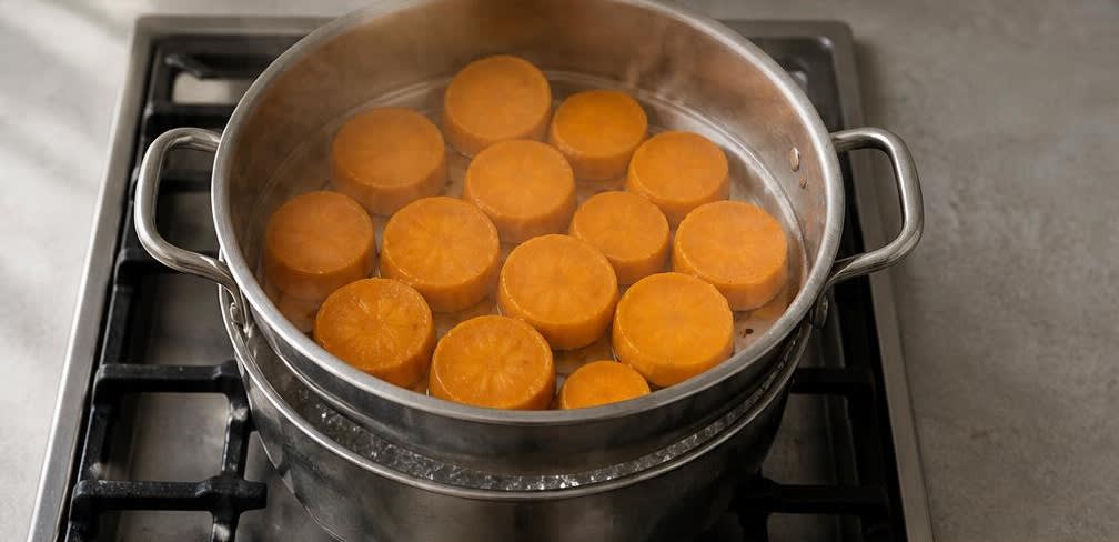 Peruanischer gedämpfter Kabeljau mit Süßkartoffel – Zubereitung Schritt für Schritt – Süßkartoffeln dämpfen