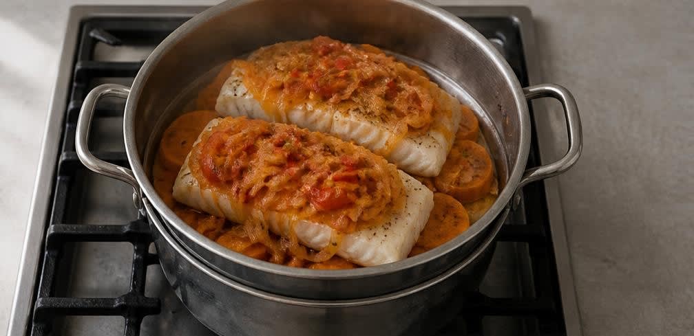 Peruanischer gedämpfter Kabeljau mit Süßkartoffel – Zubereitung Schritt für Schritt – Fisch und Gemüse zum Dämpfen geben