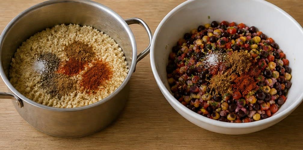 Peruanische Quinoa-Pfanne mit schwarzer Bohnen-Salsa – Zubereitung Schritt für Schritt – Quinoa & Salsa würzen