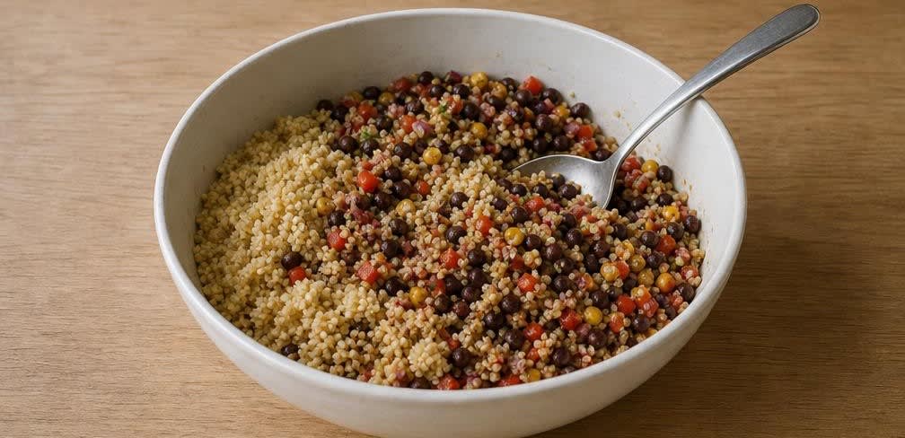 Peruanische Quinoa-Pfanne mit schwarzer Bohnen-Salsa – Zubereitung Schritt für Schritt – Quinoa unter Salsa heben