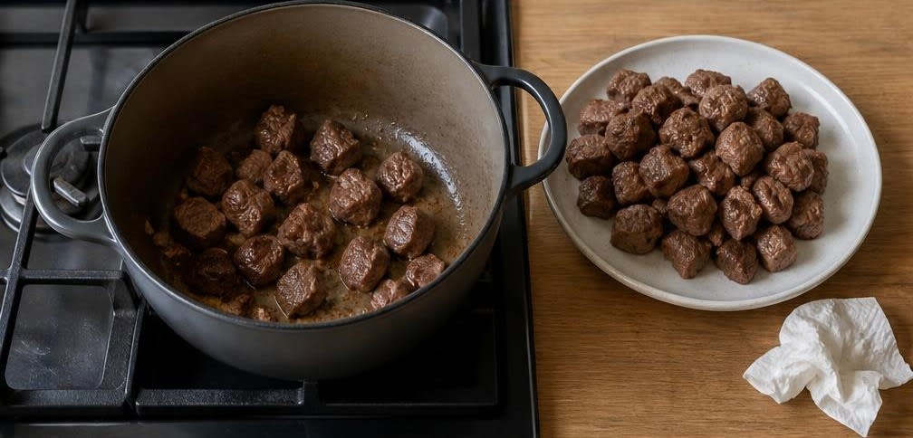 Geschmortes Rindergulasch mit Zwiebeln – Zubereitung Schritt für Schritt – Fleisch anbraten