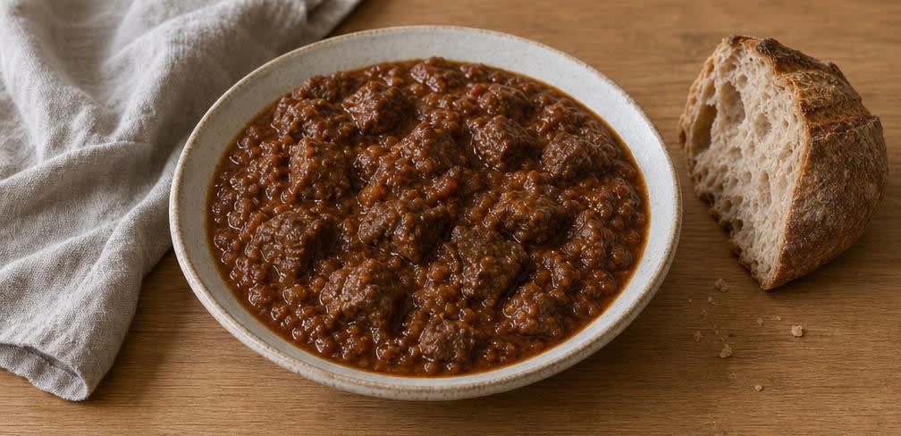 Geschmortes Rindergulasch mit Zwiebeln – Zubereitung Schritt für Schritt – Anrichten