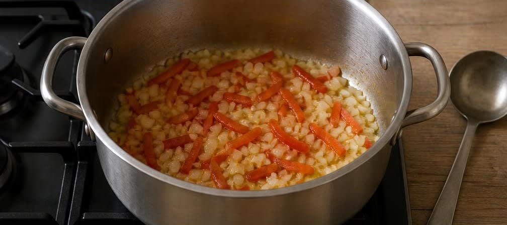 Fisch-Soljanka mit Kabeljau und Kapern – Zubereitung Schritt für Schritt – Zwiebeln und Paprika anschwitzen