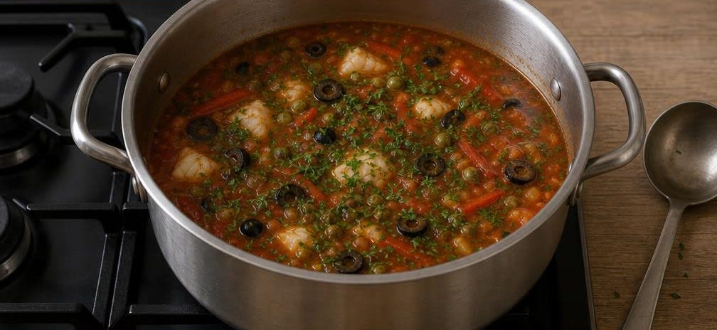 Fisch-Soljanka mit Kabeljau und Kapern – Zubereitung Schritt für Schritt – Oliven und Kräuter unterrühren