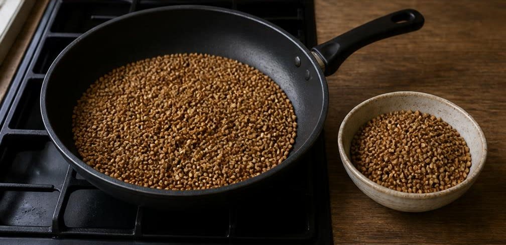 Osteuropäische Buchweizen-Pfanne mit Champignons und Spinat – Zubereitung Schritt für Schritt – Buchweizen anrösten
