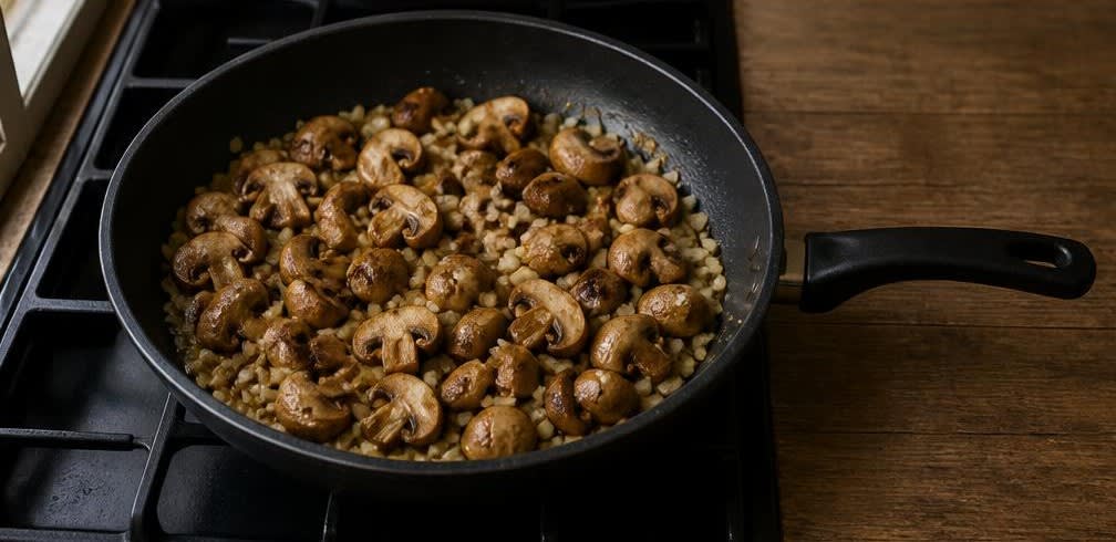 Osteuropäische Buchweizen-Pfanne mit Champignons und Spinat – Zubereitung Schritt für Schritt – Zwiebeln und Champignons anbraten