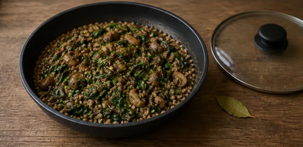 Osteuropäische Buchweizen-Pfanne mit Champignons und Spinat – Zubereitung Schritt für Schritt – Spinat unterheben