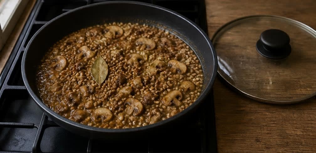 Osteuropäische Buchweizen-Pfanne mit Champignons und Spinat – Zubereitung Schritt für Schritt – Buchweizen und Brühe köcheln