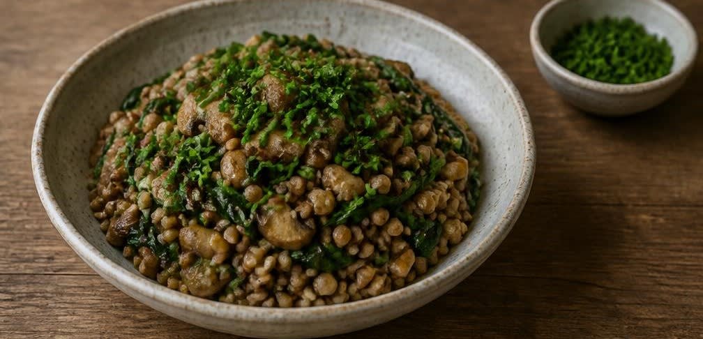 Osteuropäische Buchweizen-Pfanne mit Champignons und Spinat – Zubereitung Schritt für Schritt – Anrichten