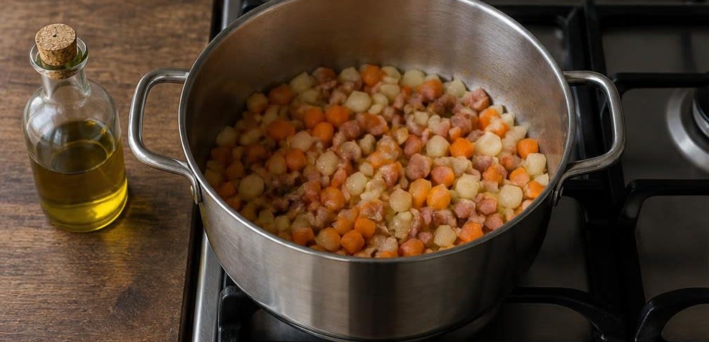 Skandinavische Gelberbsensuppe mit Speck – Zubereitung Schritt für Schritt – Speck und Gemüse anbraten