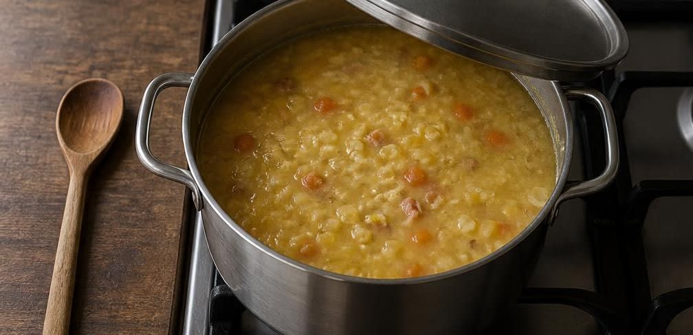 Skandinavische Gelberbsensuppe mit Speck – Zubereitung Schritt für Schritt – Suppe köcheln lassen