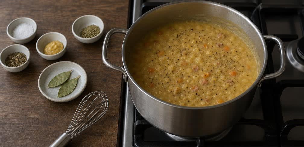 Skandinavische Gelberbsensuppe mit Speck – Zubereitung Schritt für Schritt – Würzen und binden