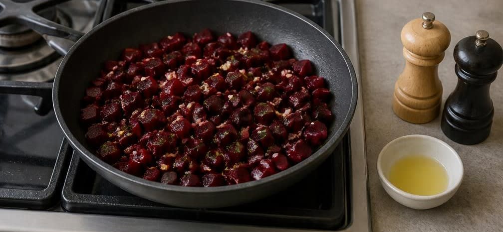 Krosses Lachsfilet auf rubinrotem Rote-Bete-Gemüse – Zubereitung Schritt für Schritt – Rote Bete dünsten