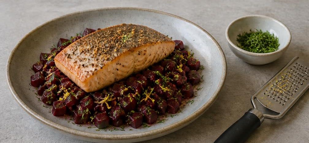 Krosses Lachsfilet auf rubinrotem Rote-Bete-Gemüse – Zubereitung Schritt für Schritt – Anrichten