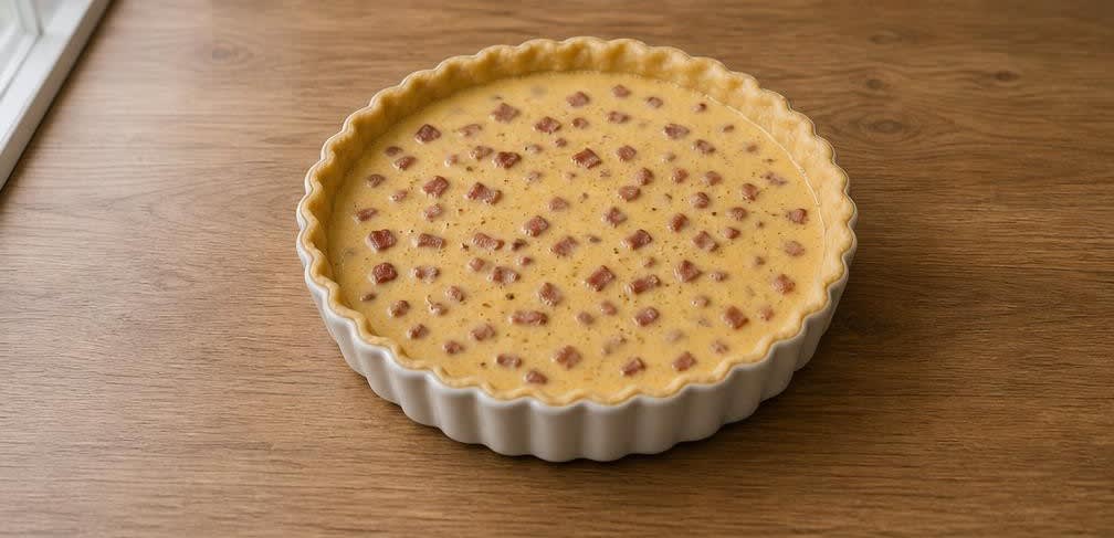 Quiche Lorraine mit Vollei – Zubereitung Schritt für Schritt – Quiche füllen