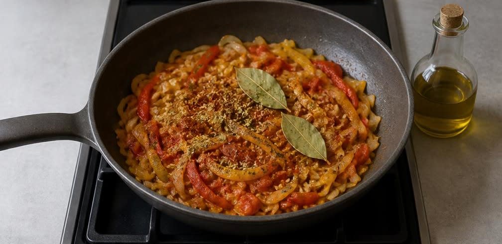 Portugiesische Sardinen-Pfanne mit Tomaten und Paprika – Zubereitung Schritt für Schritt – Gewürze mitrösten