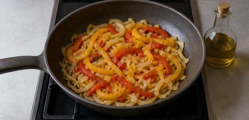 Portugiesische Sardinen-Pfanne mit Tomaten und Paprika – Zubereitung Schritt für Schritt – Gemüse andünsten