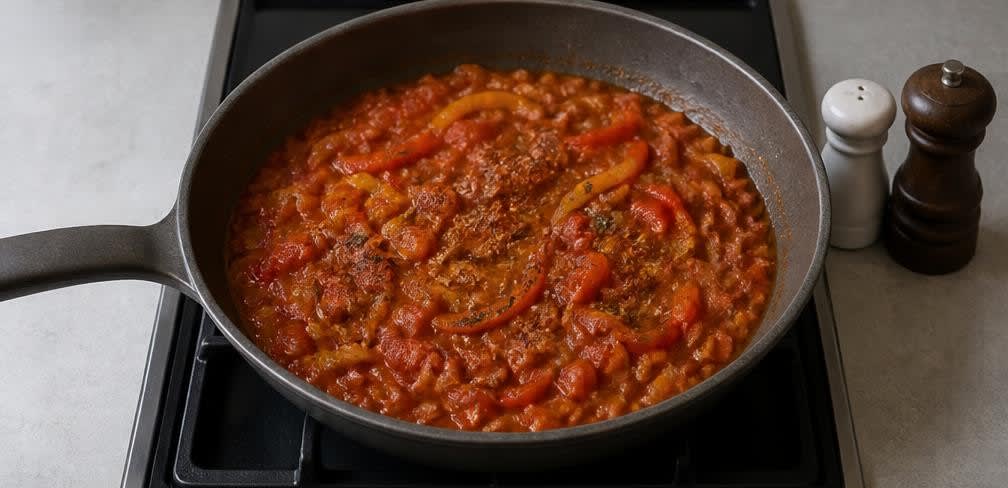 Portugiesische Sardinen-Pfanne mit Tomaten und Paprika – Zubereitung Schritt für Schritt – Tomaten-Paprika-Sauce köcheln