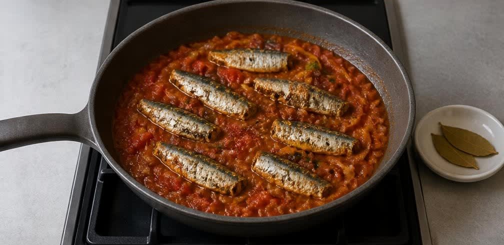 Portugiesische Sardinen-Pfanne mit Tomaten und Paprika – Zubereitung Schritt für Schritt – Sardinen erwärmen