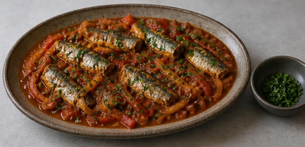 Portugiesische Sardinen-Pfanne mit Tomaten und Paprika – Zubereitung Schritt für Schritt – Anrichten