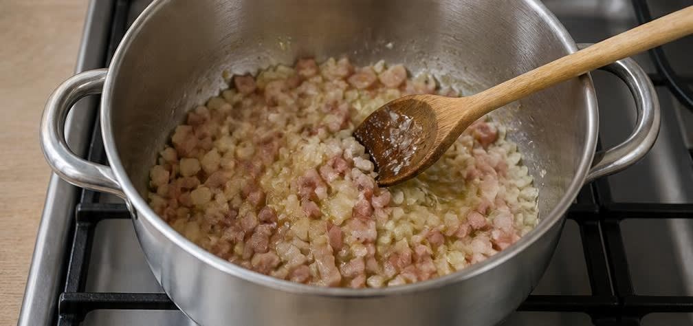 Portugiesischer Weißkohl-Bohnen-Eintopf mit Speck – Zubereitung Schritt für Schritt – Speck und Zwiebeln anbraten