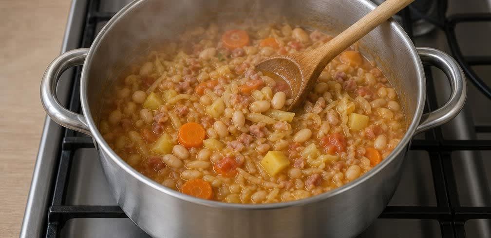 Portugiesischer Weißkohl-Bohnen-Eintopf mit Speck – Zubereitung Schritt für Schritt – Bohnen unterrühren und andicken
