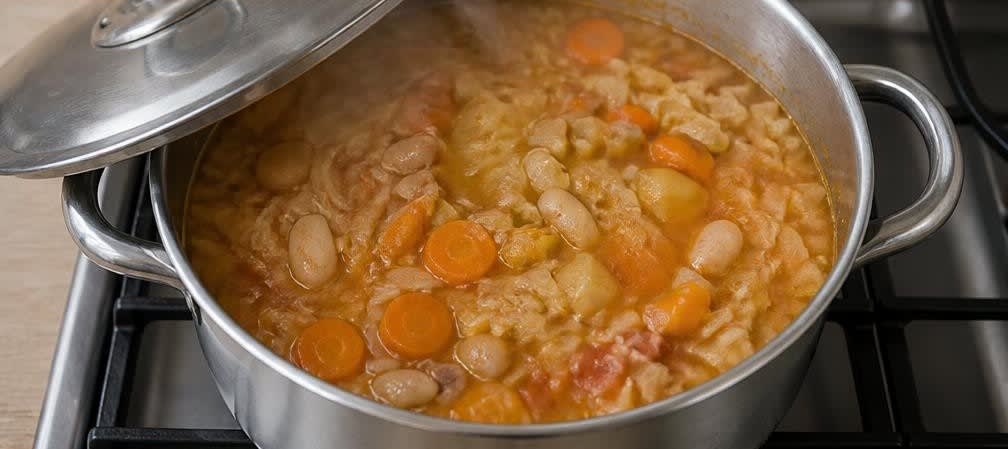Portugiesischer Weißkohl-Bohnen-Eintopf mit Speck – Zubereitung Schritt für Schritt – Eintopf köcheln lassen