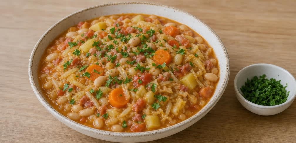 Portugiesischer Weißkohl-Bohnen-Eintopf mit Speck – Zubereitung Schritt für Schritt – Anrichten