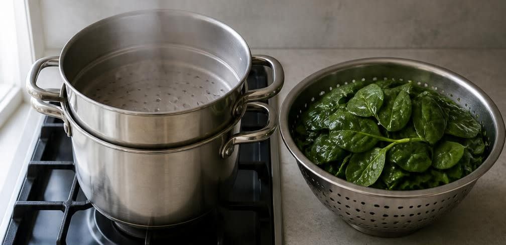 Gedämpfter Lachs auf feinem Blattspinat mit Zitronenbutter – Zubereitung Schritt für Schritt – Spinat & Wasser vorbereiten