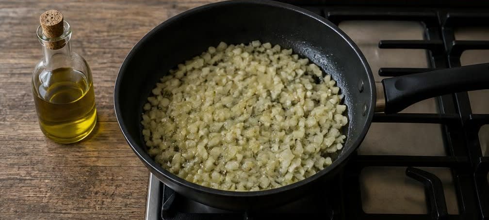 Überbackenes Ratatouille mit braunen Linsen – Zubereitung Schritt für Schritt – Zwiebeln und Knoblauch dünsten