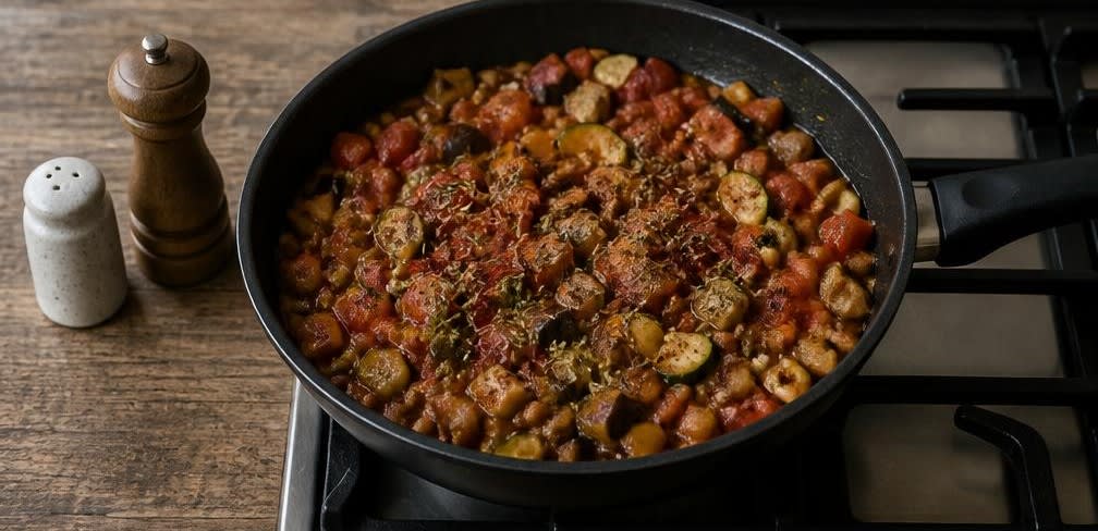 Überbackenes Ratatouille mit braunen Linsen – Zubereitung Schritt für Schritt – Tomaten einköcheln