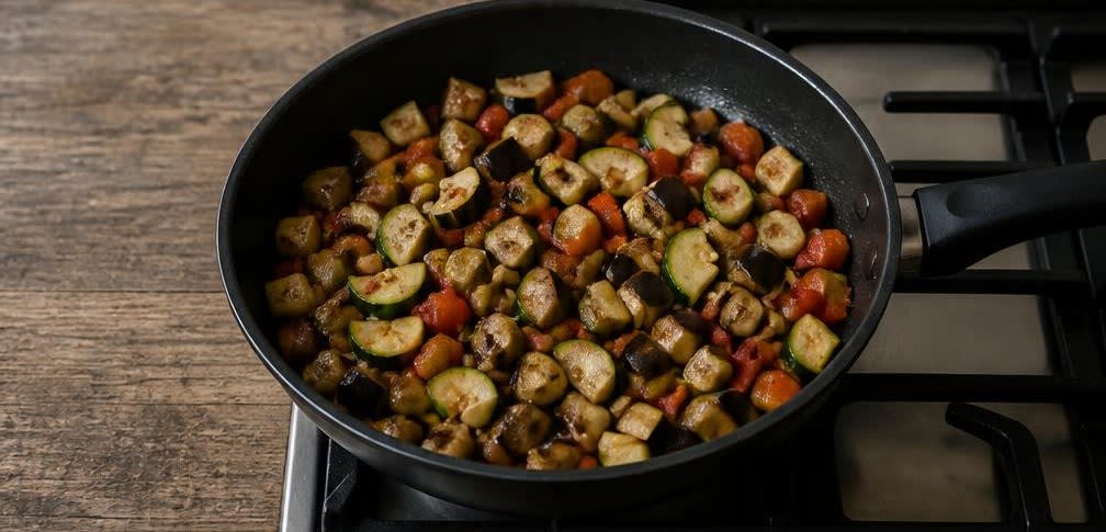 Überbackenes Ratatouille mit braunen Linsen – Zubereitung Schritt für Schritt – Gemüse anbraten