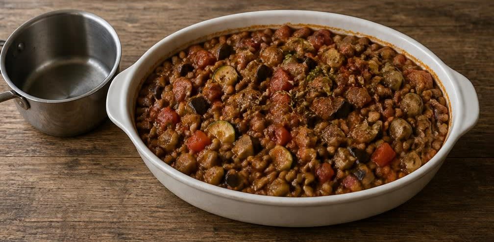 Überbackenes Ratatouille mit braunen Linsen – Zubereitung Schritt für Schritt – Linsen und Gemüse mischen