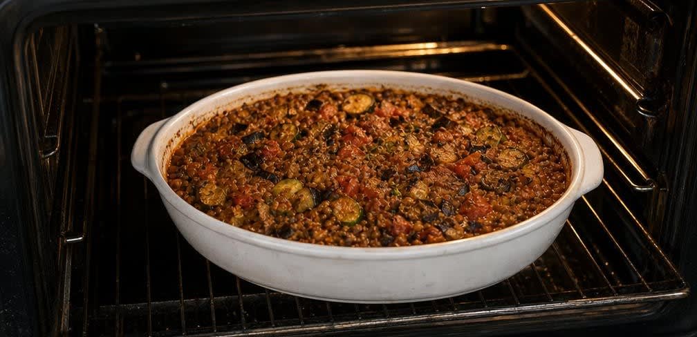 Überbackenes Ratatouille mit braunen Linsen – Zubereitung Schritt für Schritt – Im Ofen backen